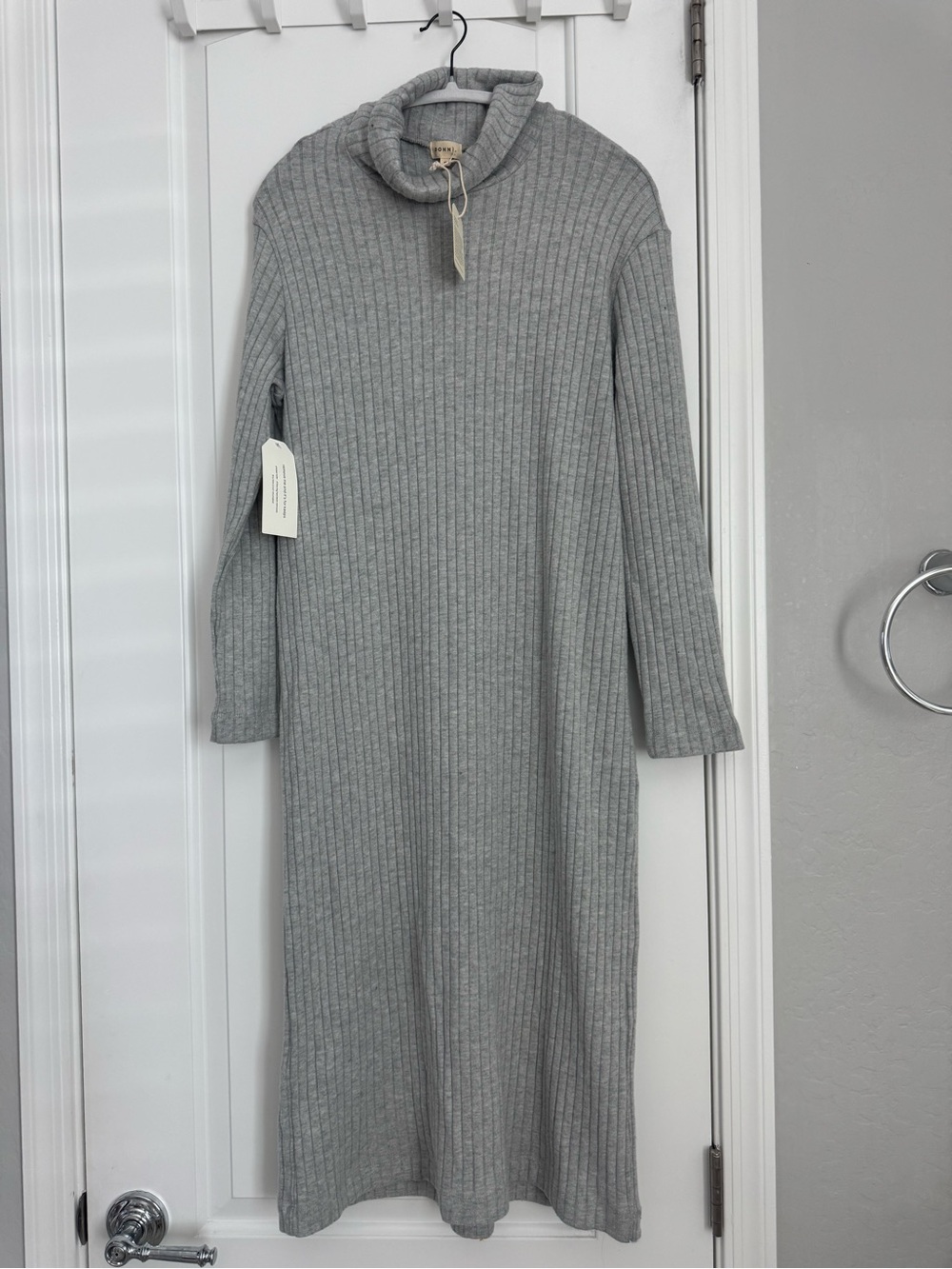 DONNI. Light Gray Ribbed Turtleneck Midi Dress - Picture 2 of 5